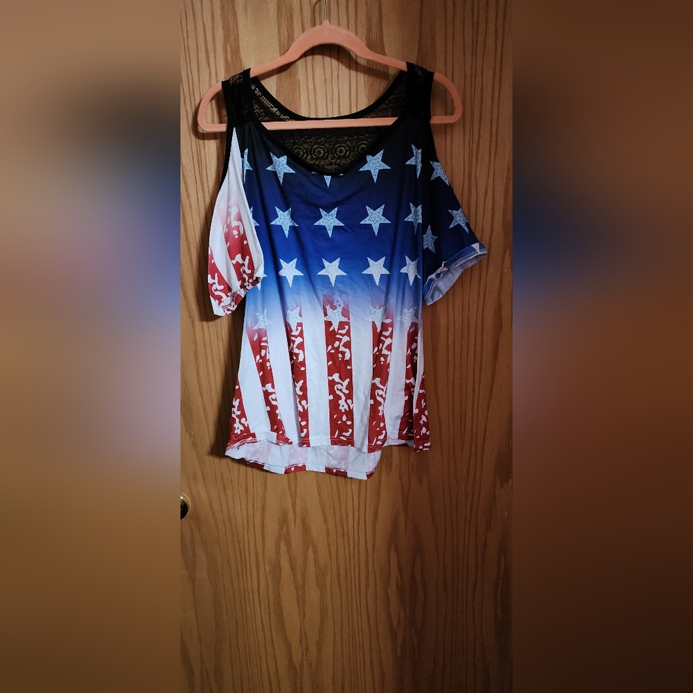 Red White and Blue cold shoulder top